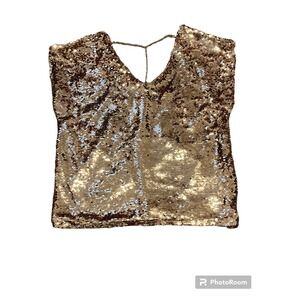 Women's Small Lavish Rose Gold Sequin Blouse With Gold Chain